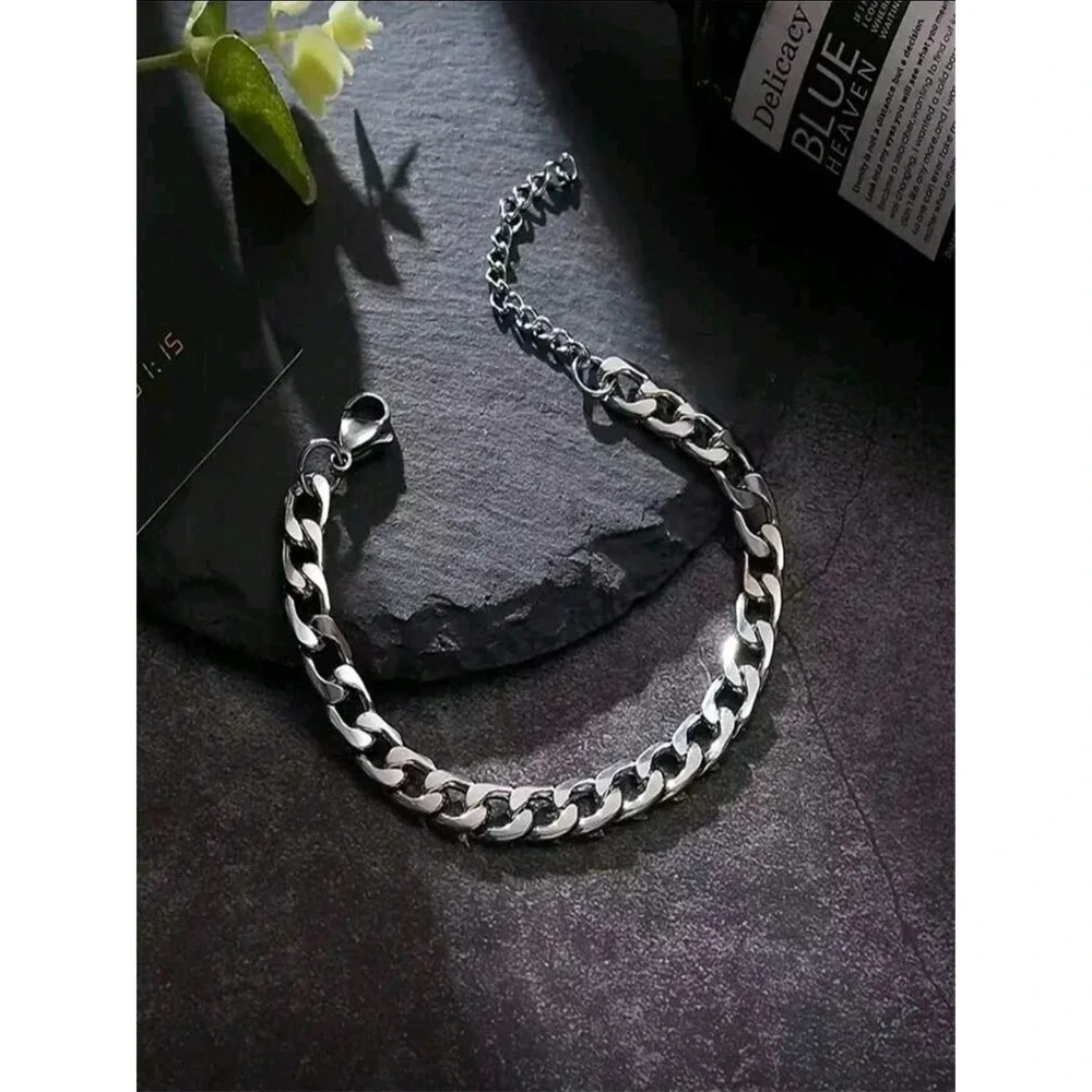Mens Cuban Link Chain Bracelet Silver‎ Tone Stainless Steel Fashion Jewelry